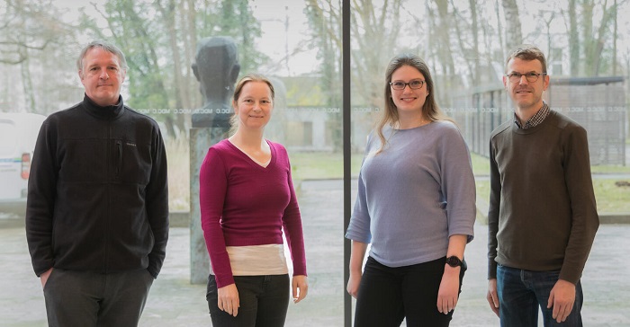 Dr. Daniel Romaker, Dr. Beatrice Pöschel, Dr. Antonia Klein und Dr. Gerd Müller von der Abteilung Technologietransfer (© Felix Petermann, Max Delbrück Center)